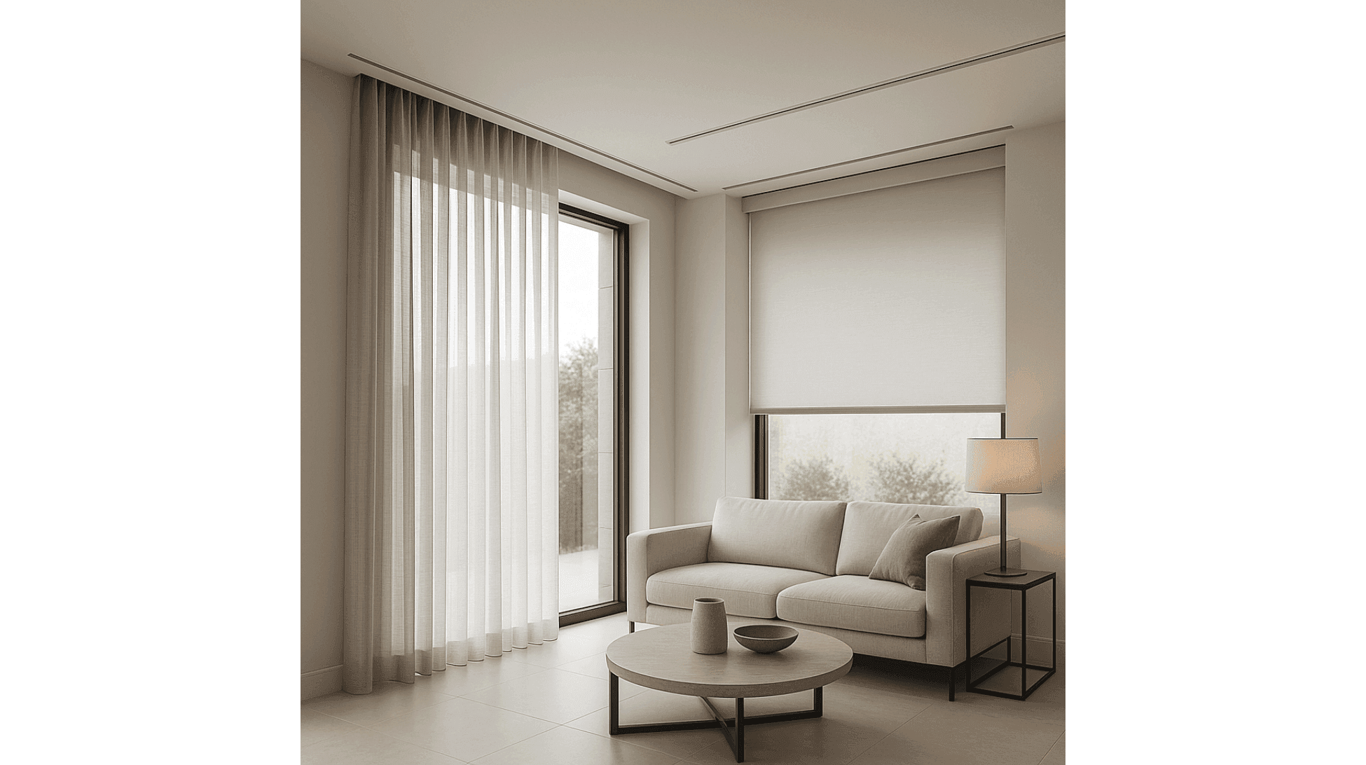 recessed drapery tracks and hidden blind pockets in a modern luxury living room