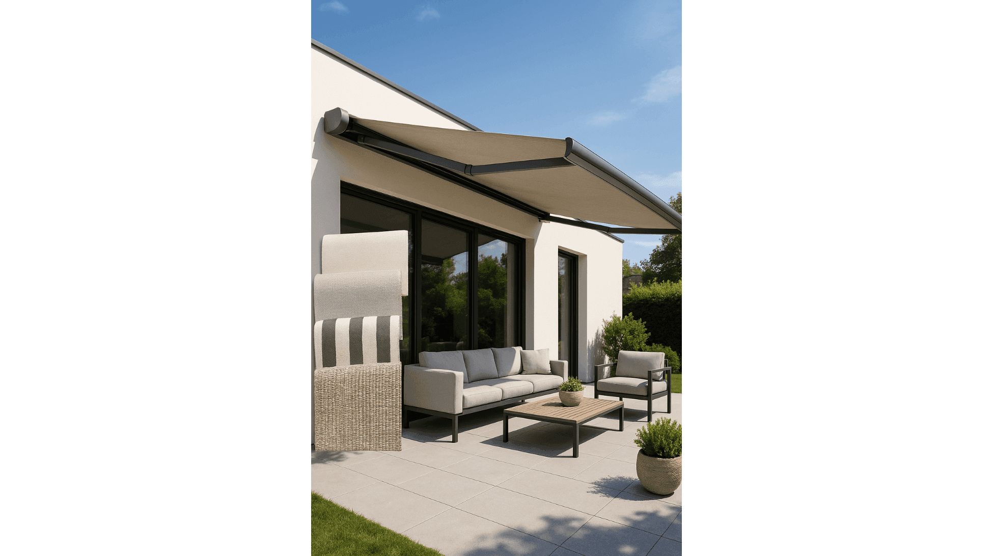 outdoor patio with a modern motorized awning