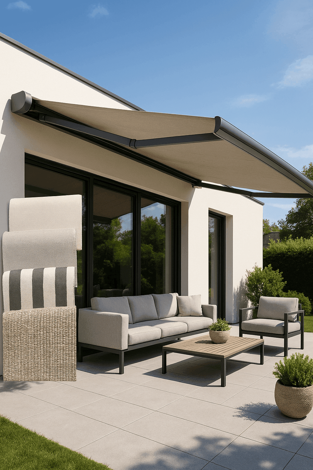 outdoor patio with a modern motorized awning